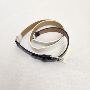 Talbots Belt Women's XL Black White Patent Faux Leather Belt Silver Hardware